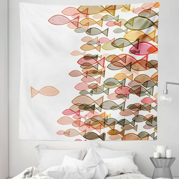 Nautical Tapestry, Fish Flock Facing Others Design Seashore Print in Soft Pastel Color Tones, Fabric Wall Hanging Decor for Bedroom Living Room Dorm, 5 Sizes, Multicolor, by Ambesonne