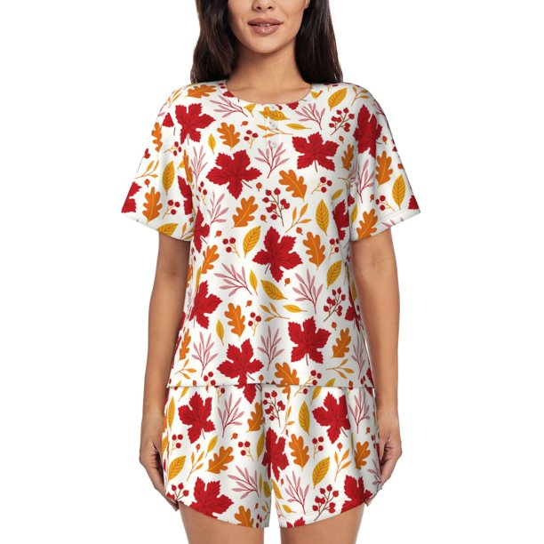 Fotbe fall laef Maple Conjunto de Pijama Estampado para Mujer, 2 Piezas, Ropa de Dormir con Camiseta de Manga Corta y Shorts Suaves-3X-Large