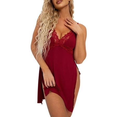 

Skearow Ladies Nightwear Lace Babydoll Lingerie Side Slit Teddy Chemise Deep V Neck Women Backless Solid Color Sexy Crotchless Wine Red M