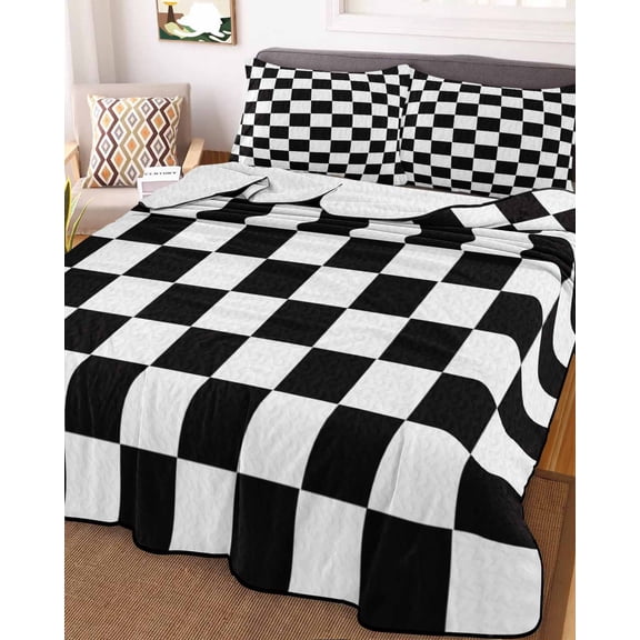 Simple Black White Checkered Full Size Down Alternative Comforter, Lightweight Comforter Quilt Bedding Set with Pillow Shams Lattice Buffalo Plaid All Seasons Bed Comforter Duvet Insert 78"x90"