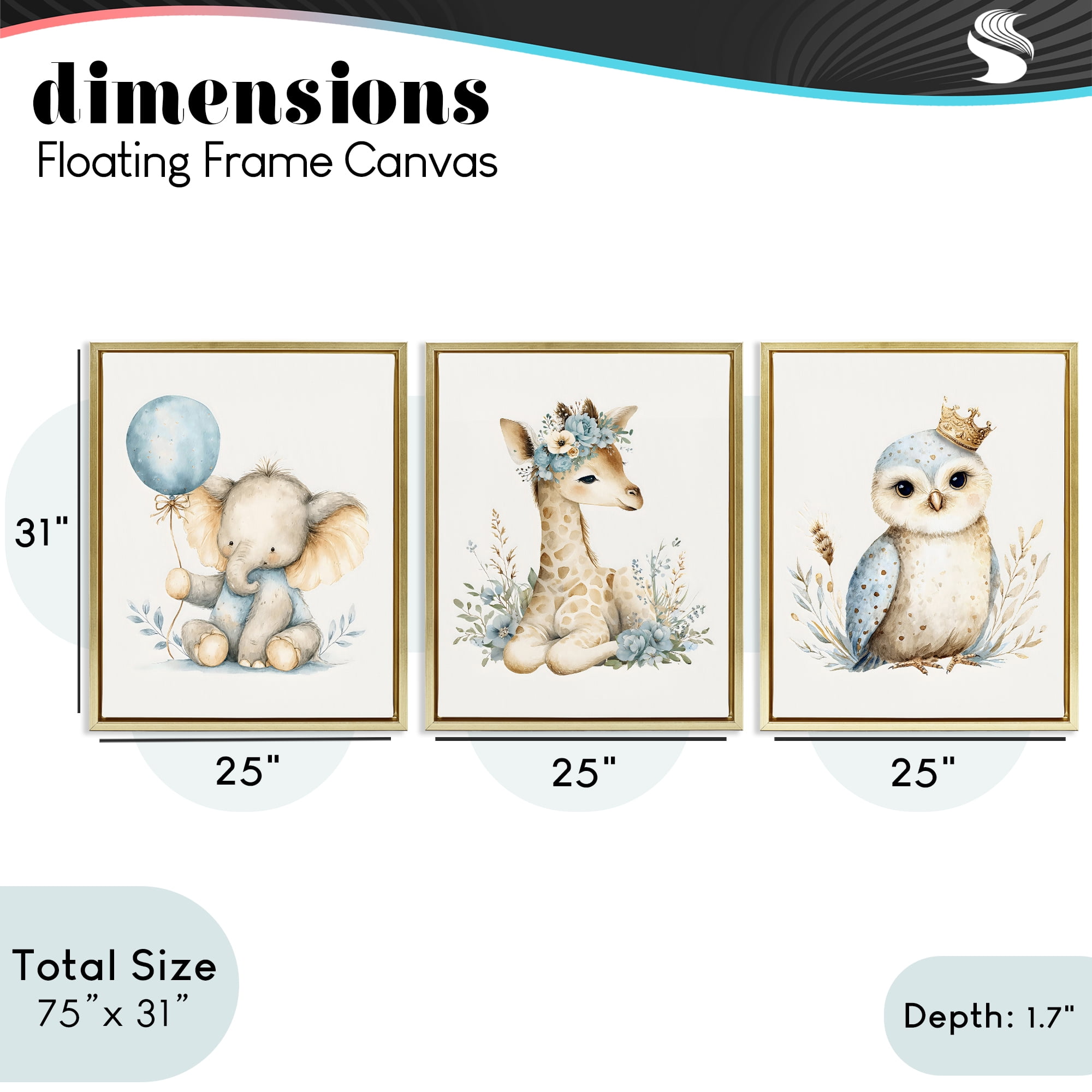 Stupell Industries Watercolor Nursery Animals 3 Piece Gold Framed Floater Canvas Set, design by LSR Design Studio