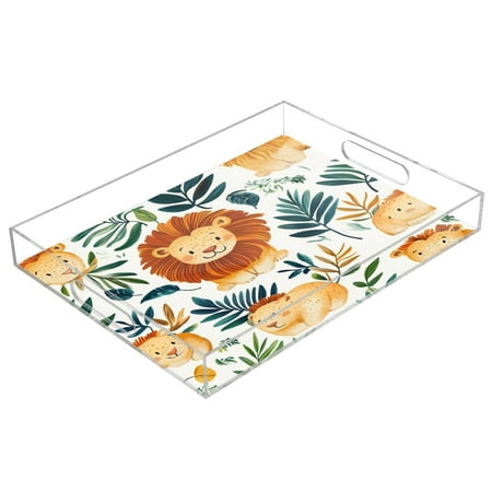 

WOBOGO Acrylic Serving Trays 15.7x11.8 Inch Spill Proof Clear Decorative Organizer with Handle Lovely Lion