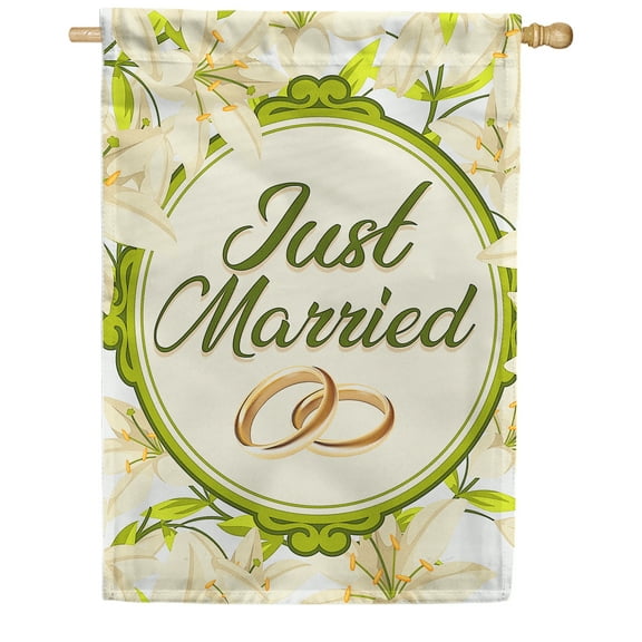 America Forever Just Married Rings House Flag, 28 x 40 inch Double Sided, Wedding Celebration Banner, Golden Rings Lily Floral Outdoor Decor, Newlywed Yard Flag