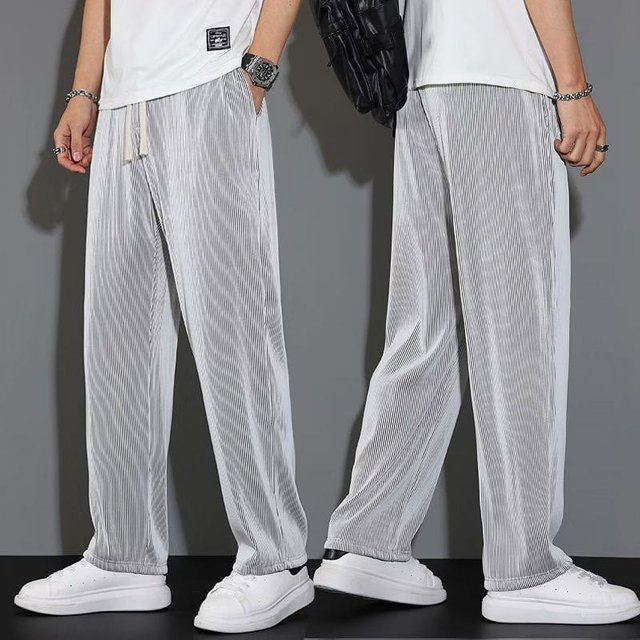 Men Pants Mid-Rise Elastic Waistband Sweatpants Drawstring Pocket Wide Leg Ribbed Ultra-Thin Ice Silk Casual Trousers Streetwear