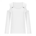 thumbnail image 4 of IROINNID Fall Shirts for Women Long Sleeve Solid Color Cold-shoulder Pullover V-Neck Casual Lightweight Soft Shirt,White, 4 of 6