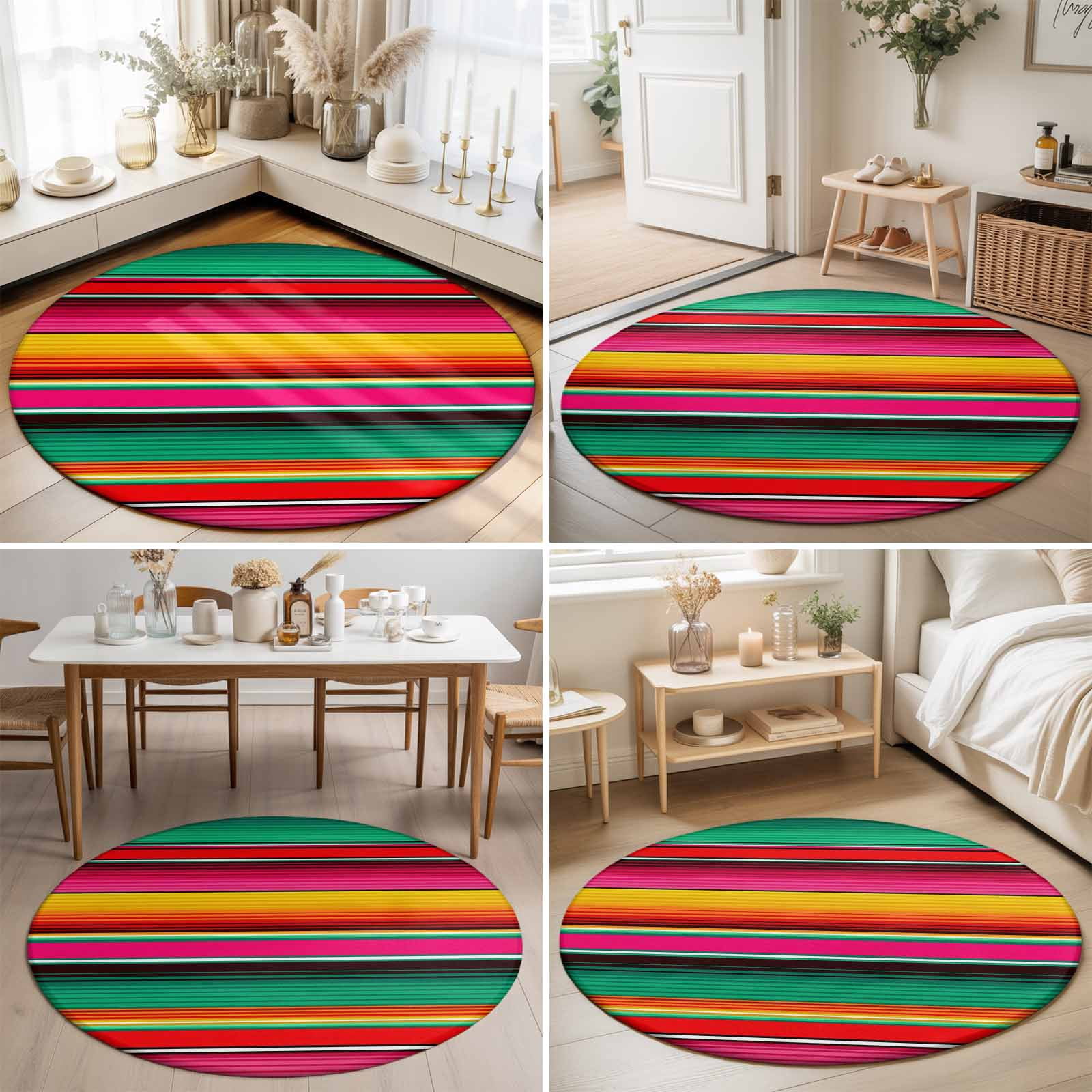 Round Area Rugs 7Ft, Mexican Style Non-Slip Washable Circle Rugs Carpet, Colorful Mexico Stripes Green Red Indoor Outdoor Rug Floor Mats Throw Runner for Bedroom Living Room Bathroom