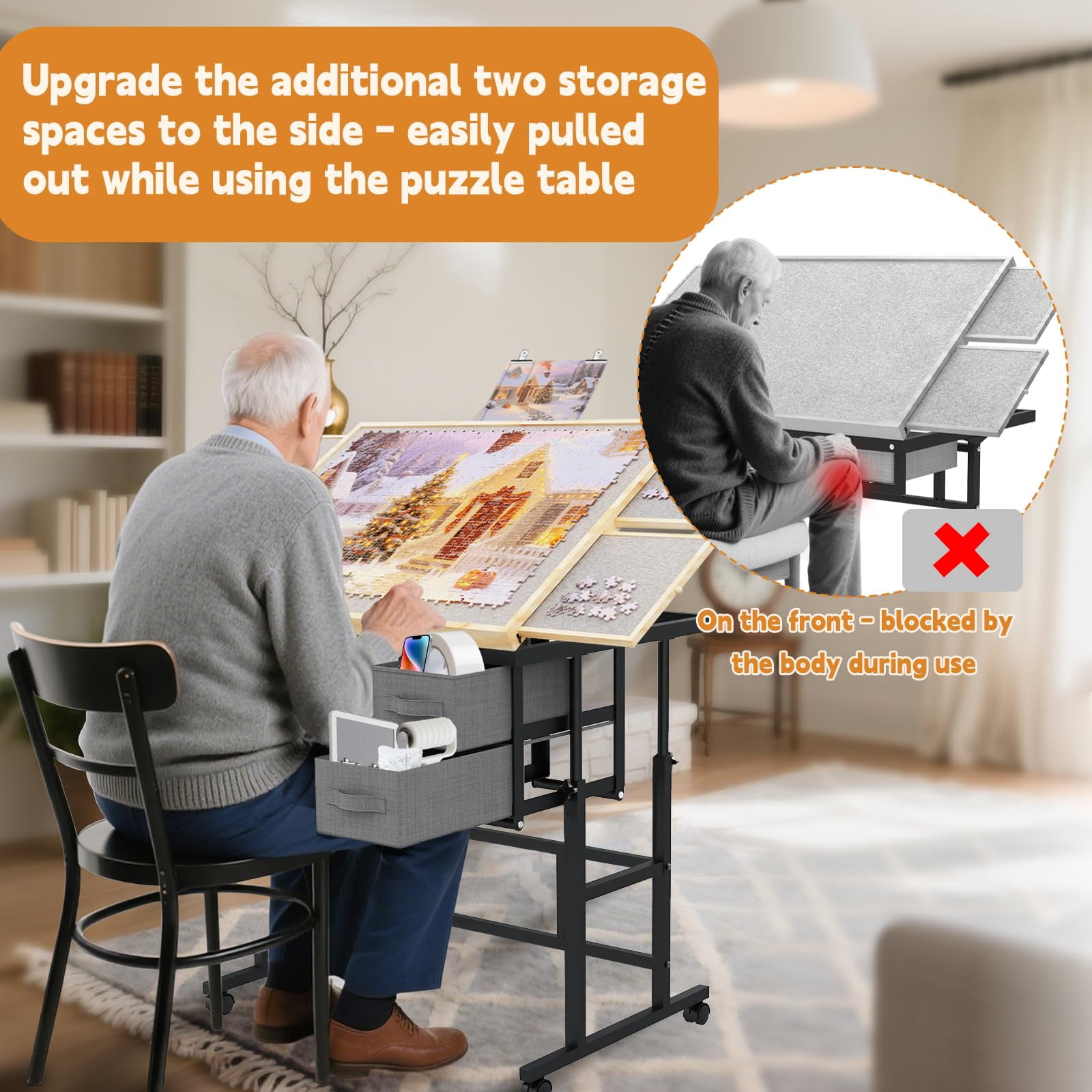 Jigsaw Puzzle Table for Adults with 6 Drawer and Legs, 1500 Pieces Puzzle Table with Protective Cover&Wheels, Adjustable Height and Five up Angles, Natural&Gray