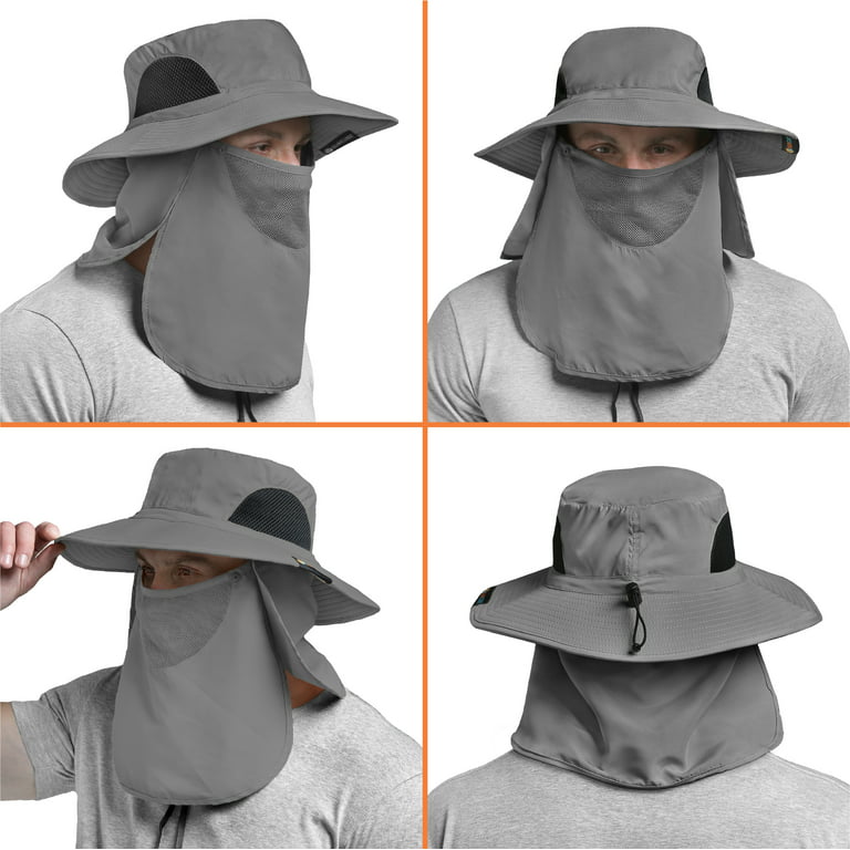 SUN CUBE Fishing Hat for Men Outdoor UV Sun Protection Wide Brim Sun Hat  with Neck Flap Face Cover - Outdoor Hiking Safari UPF50+ Boonie Bucket Hat  (Gray) 