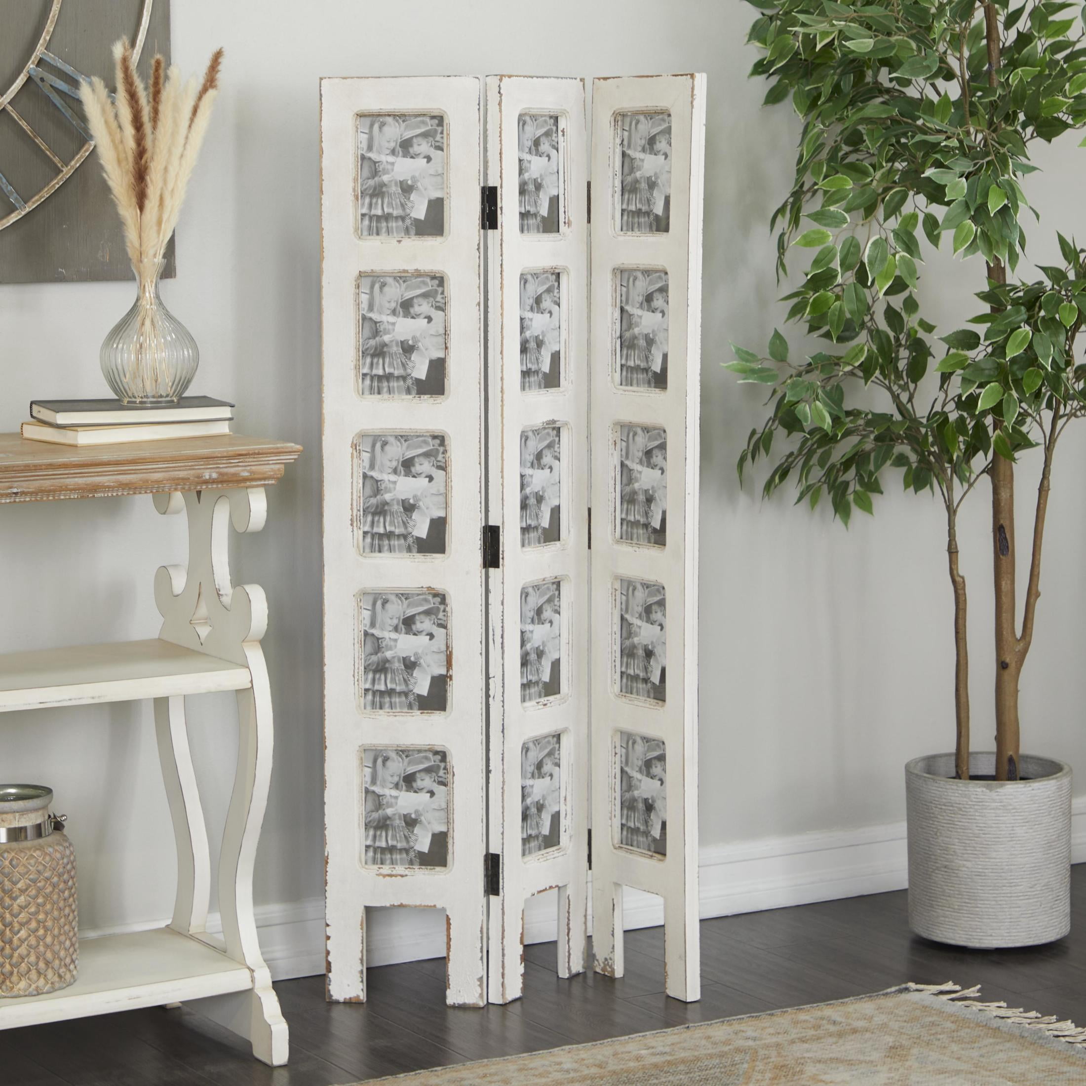 DecMode 27" x 51" White Wood Hinged Foldable Partition 3 Panel Room Divider Screen with 15 Photo Slots, 1-Piece
