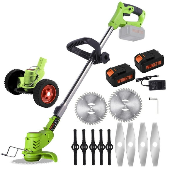 WUKETIN Cordless Grass String Trimmer, Electric Weed Eater, 21V Lawn Edger with 2Pcs Battery, Wheel, 11 Blades