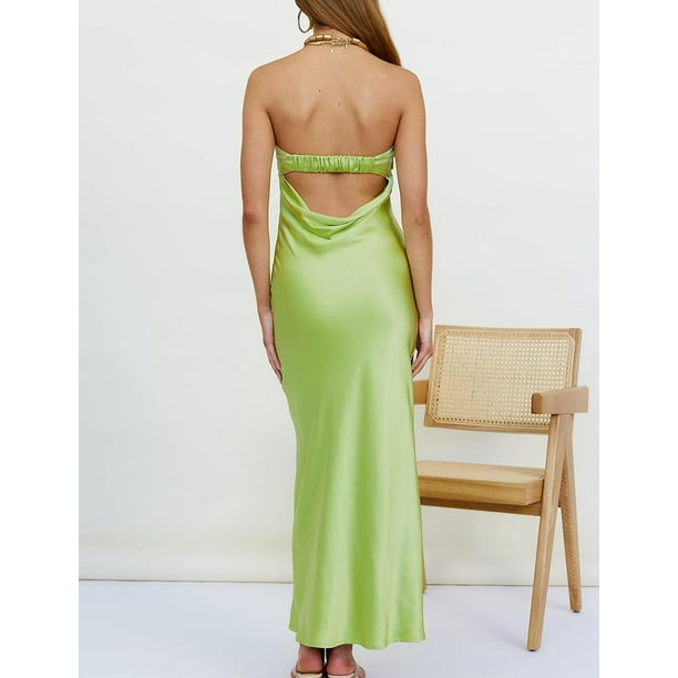 ORUYROP Satin Silk Backless Tube Tops Maxi Dress for Women Low Back Hollow  Out Elegant Strapless Long Dresses Wedding Guest