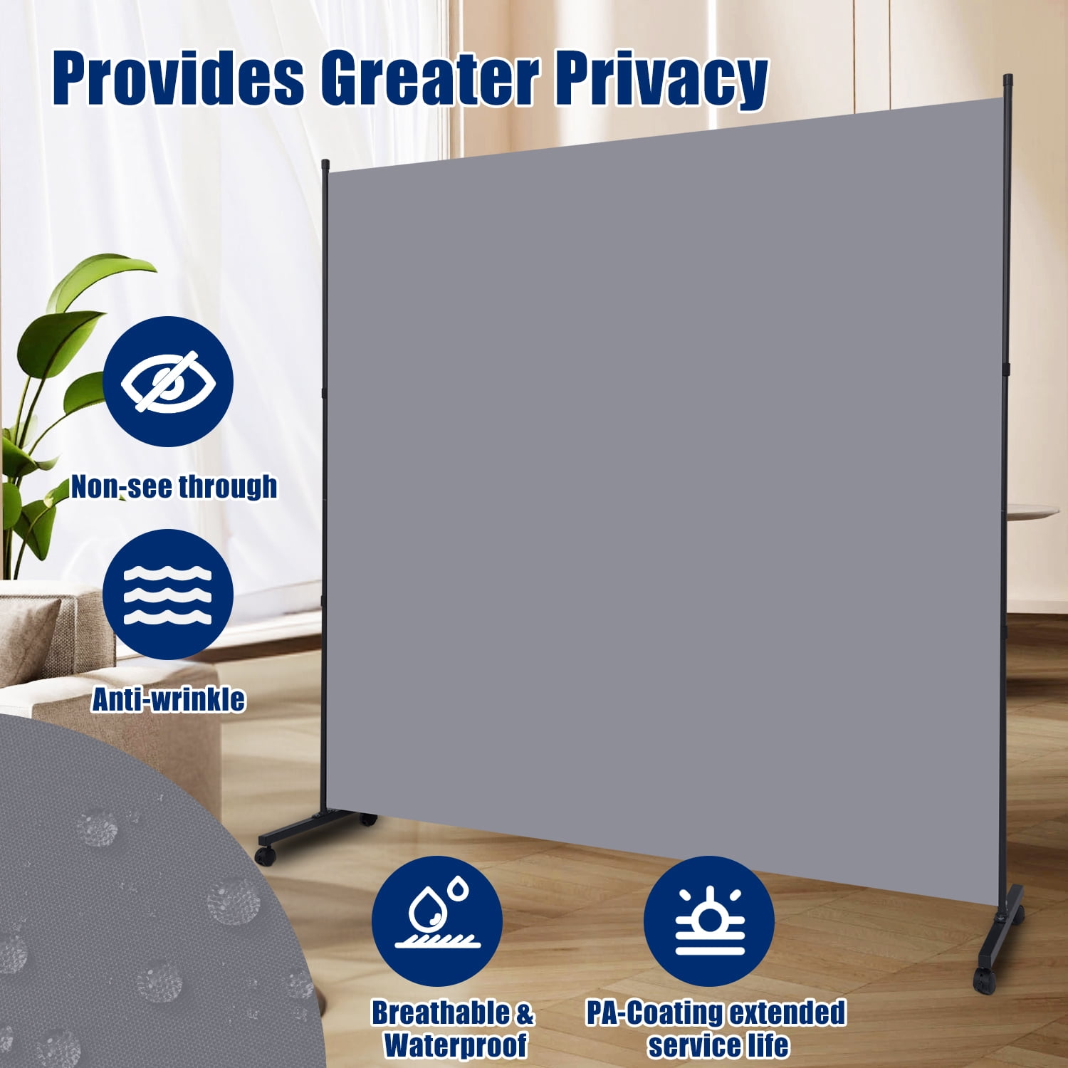 Room Divider Single Fabric Panel Privacy Screen W/Wheel, 71''X 72''Wide Portable Wall Divider for Room Separation, Upgrade Room Divider Screen 6 FT Partation Room Dividers for Home, Office, School