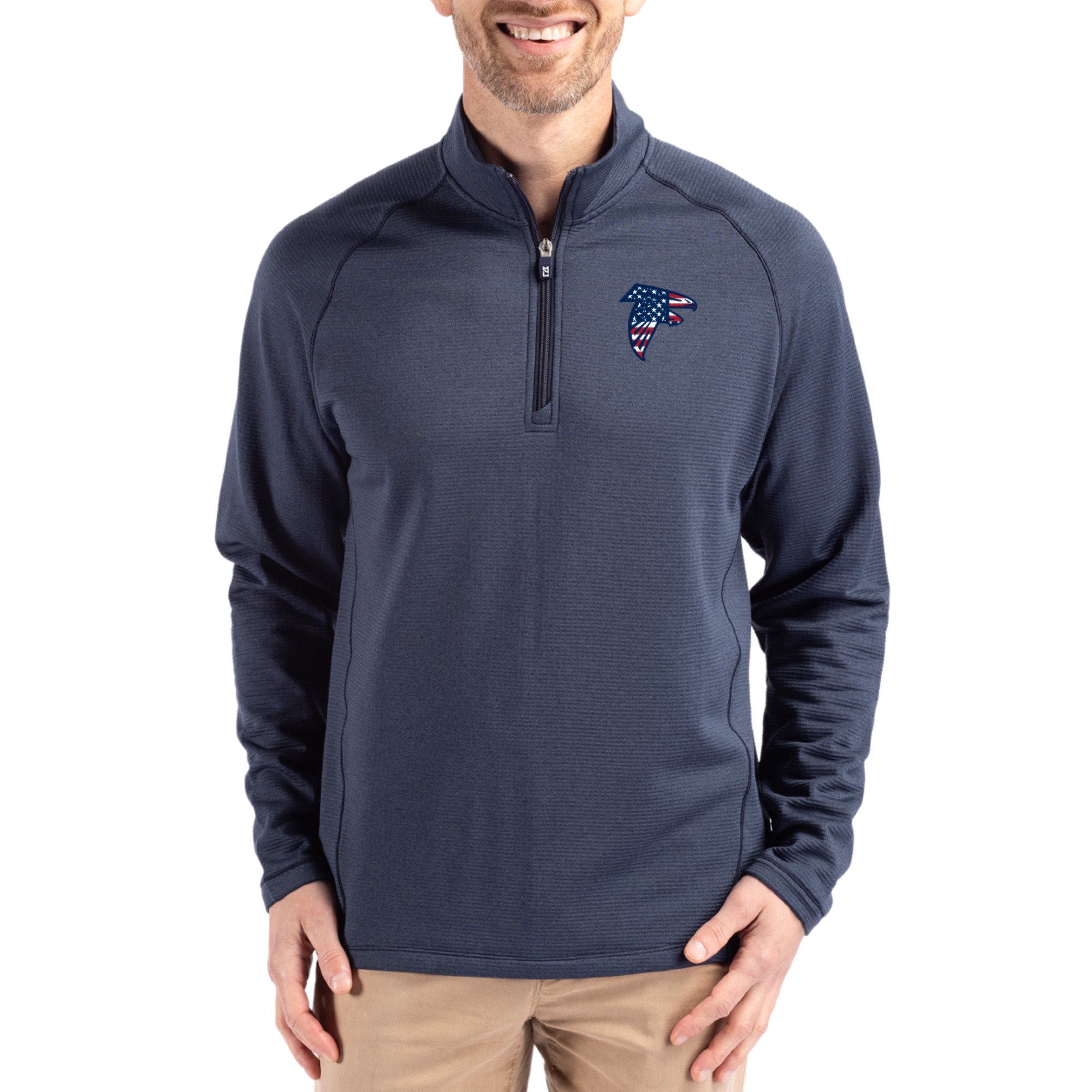 Men's Cutter & Buck Heather Navy Atlanta Falcons Peshastin Eco Fleece Tri-Blend Raglan Recycled Quarter-Zip Jacket