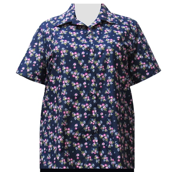 A Personal Touch Women's Plus Size Short Sleeve Button Front Cotton Camp Shirt - Navy Bouquet - 5X