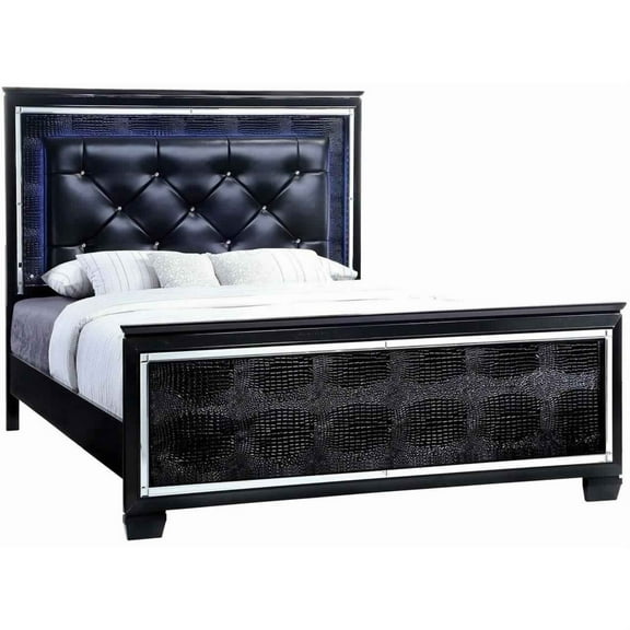 Textured Eastern King Size Bed with Silver Trim Accents, Black