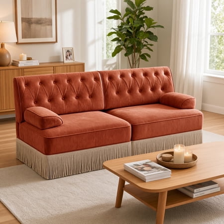 Chesterfield Sofa 2-Seat Velvet Tufted Loveseat with Tassel Fringe Skirt Modular Sectional Couch Button Tufted Lounge Sofa for Living Room Bedroom Red Brown