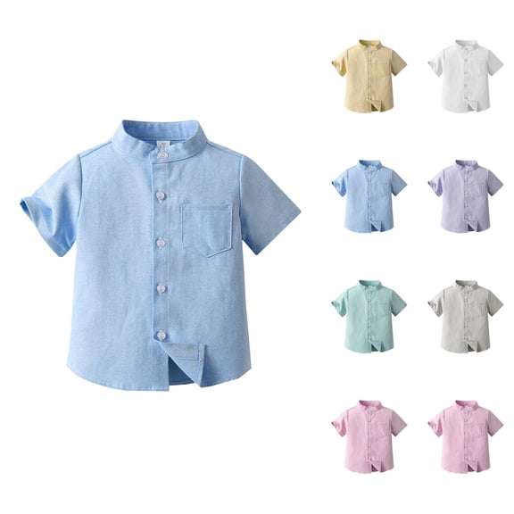 Boys Girls Dress Shirt Summer Short Sleeve Button Down Stand Collared Plain Tshirts with Chest Pocket