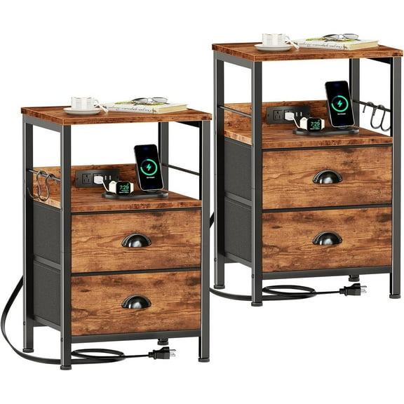 Nightstand Set of 2, Rustic Brown, with Charging Station and USB Ports, Side Tables with 2 Fabric Drawers, Bedside Tables with Storage Shelf & Hooks, for Living Room/Bedroom