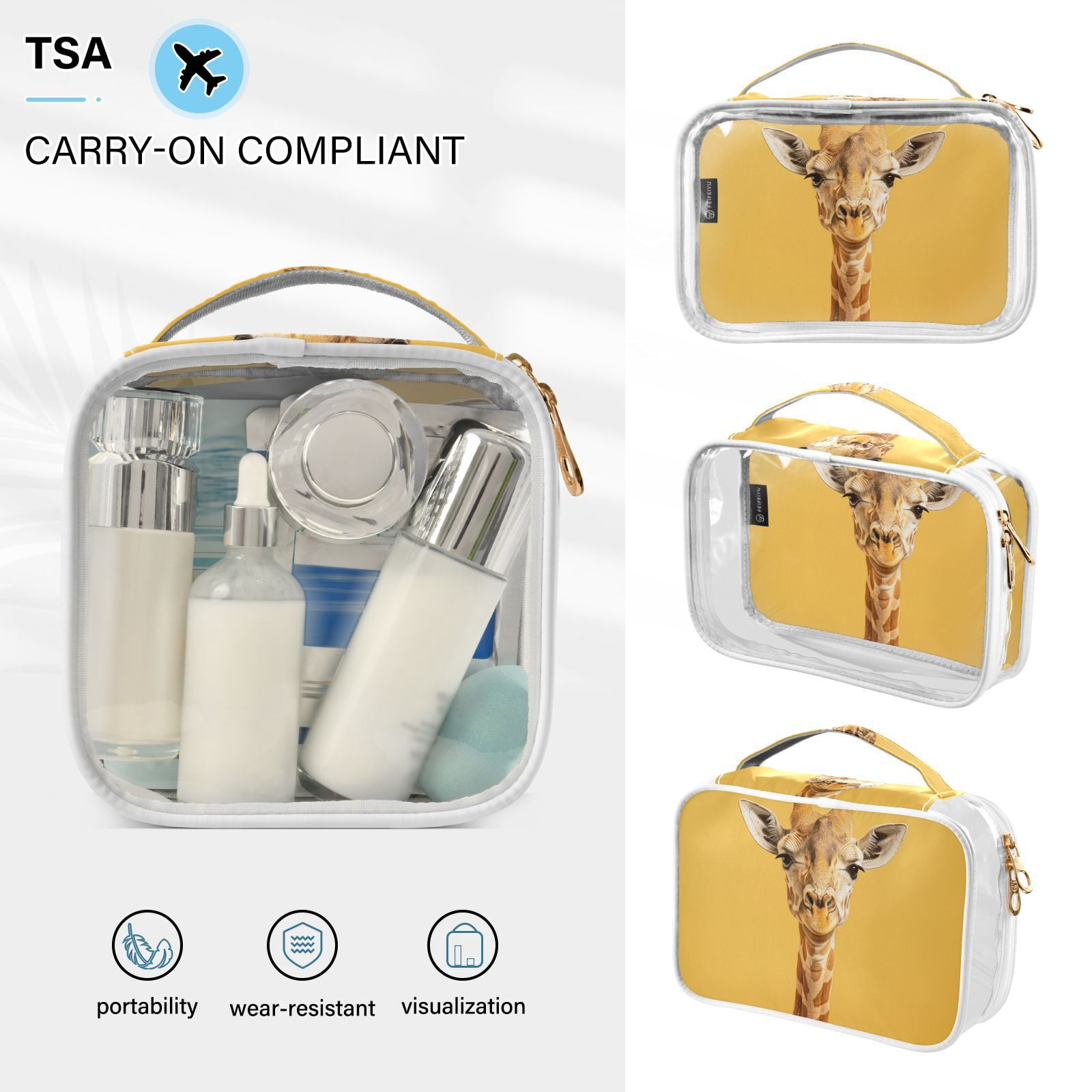 Clear Makeup Bags with Handle Large Opening 2 Pack Set Toiletry Bag Quart Size Bag, for Women Man Traveling Travel Essentials, Toiletries and Other. Giraffe Yellow