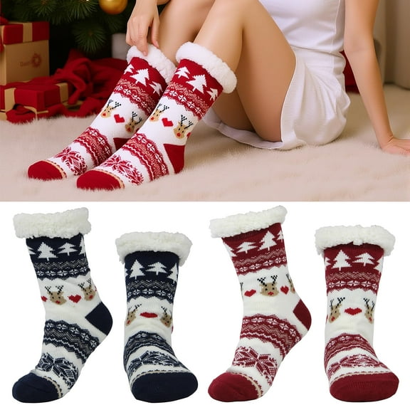Fatomal Fuzzy Socks for Women, Winter Thick Floor Socks for Christmas, Anti Slip Soft Warm Cozy Fluffy Socks with Grippers, 2 Pairs