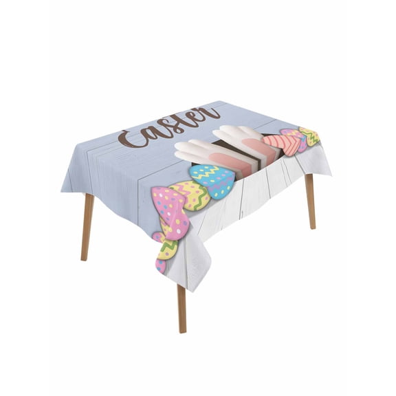 Happy Easter Table Cloth, Waterproof Tablecloth for Rectangle Tables, Colorful Spring Eggs Haze Blue Wooden Reusable Washable Fabric Table Cover for Restaurant Kitchen Dining Tables 60"x84"