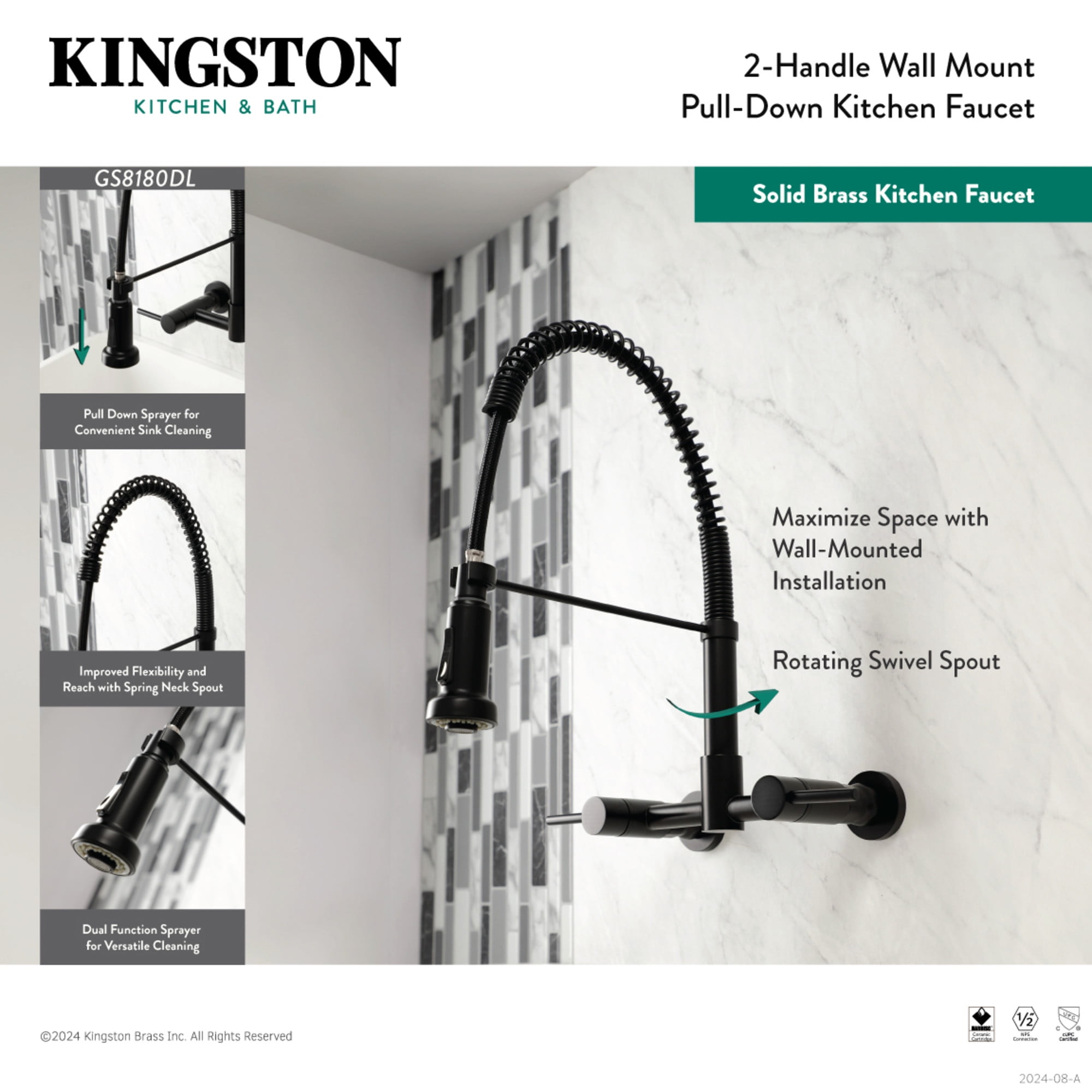 Gourmetier GS8180DL Concord Double-Handle Wall-Mount Pre-Rinse Bridge Kitchen Faucet, Matte Black