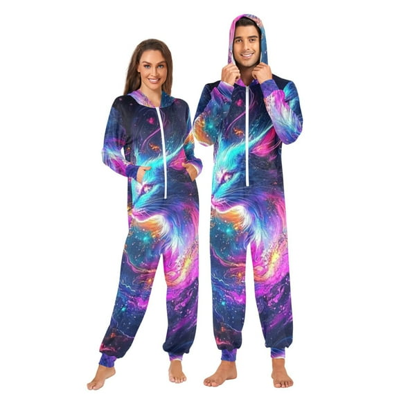 Space Cat Adult onesie Pajamas, Crystal Velvet Ultra Soft Warm Jumpsuit for Men and Women