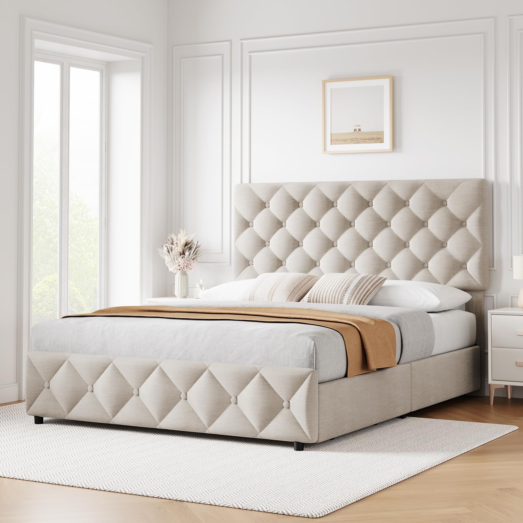 Queen Size Bed Frame with 4 Storage Drawers, Linen Upholstered Platform Bed Frame with Adjustable Headboard, Diamond Stitched Button Tufted