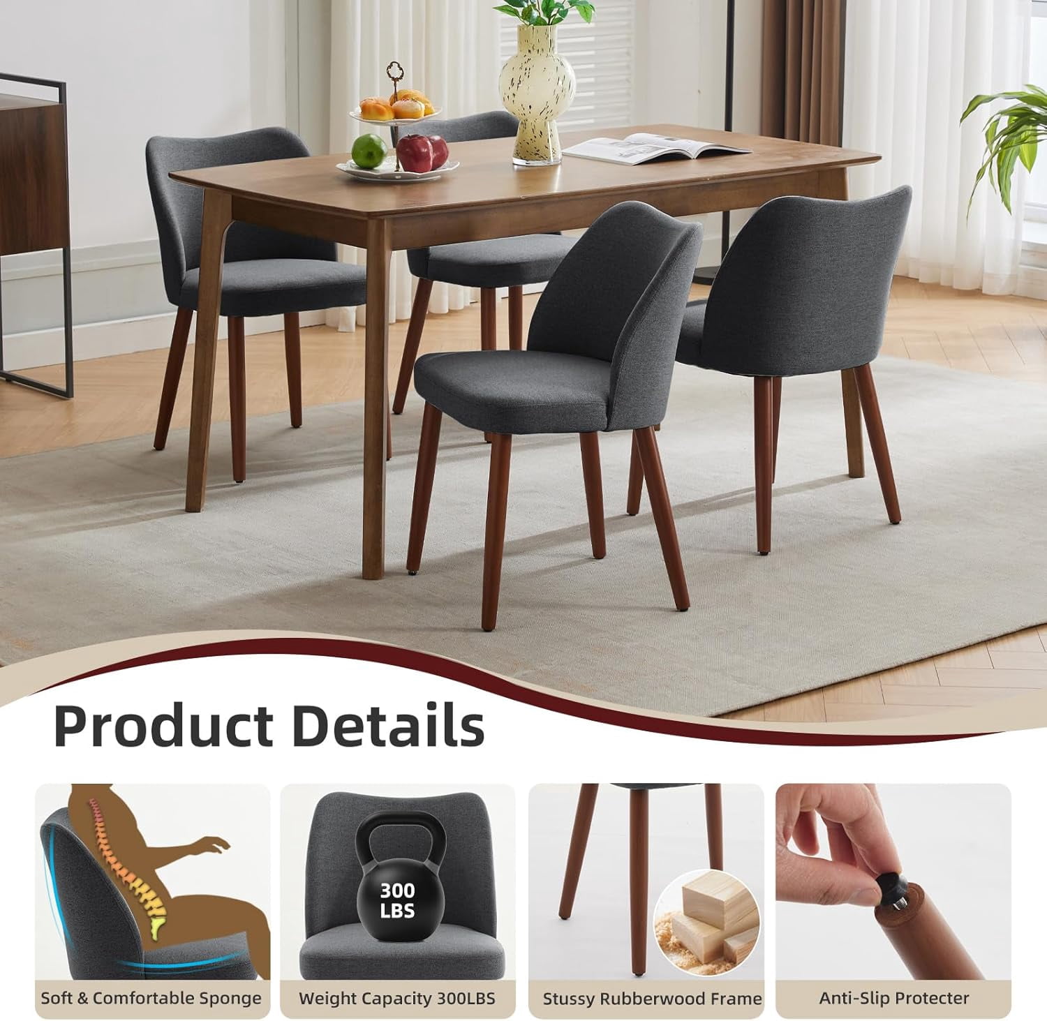 Linen Dining Chairs Set of 4 Upholstered Fabric Dining Chair with Wood Legs, Wing Backrest, Wooden Kitchen Chairs with Thick Cushions, Leveling Feet for Dining Room, Living Room, Dark Grey