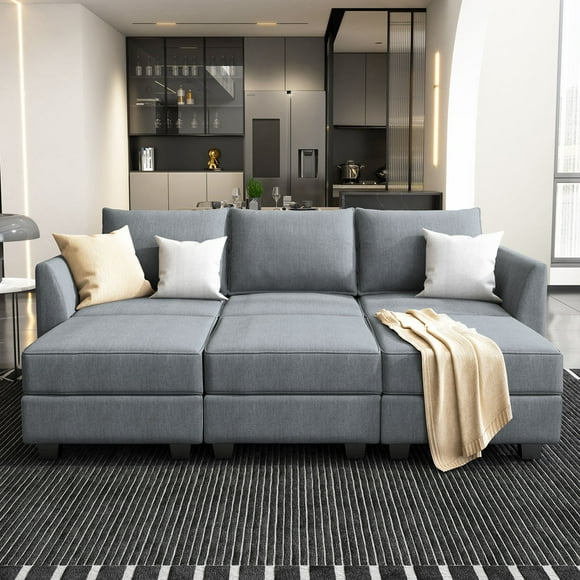 HONBAY Modular Sectional Sofa Bed with Storage and Reversible Chaises for Living Room and Apartment, Bluish Grey