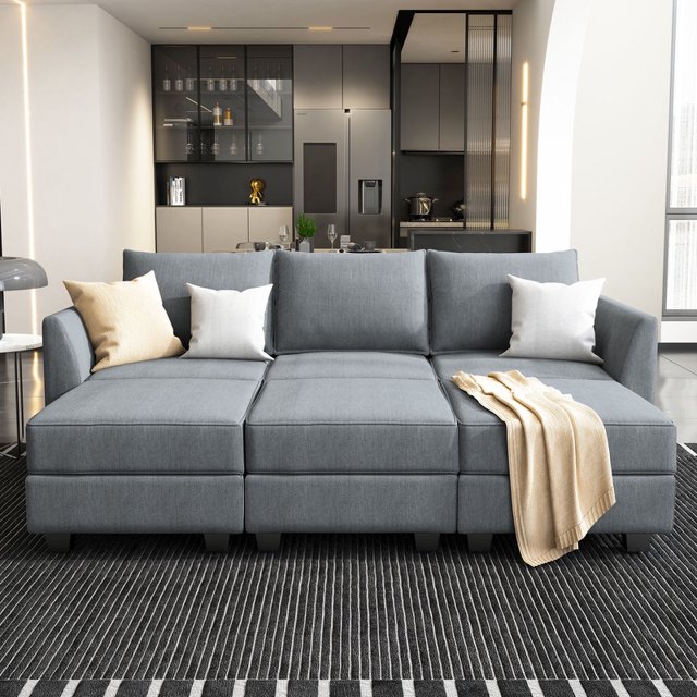 HONBAY Canapé Sectionnel Modulaire avec Rangement et Méridiennes Réversibles pour Salon et Appartement, Gris Bleuâtre
