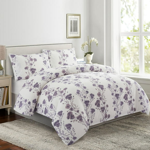 Marina Decoration Ultra Soft Silky Zipper Rich Printed Rayon from Bamboo All Season Duvet Cover Set with Pillowcases, Purple Carnation Floral Pattern