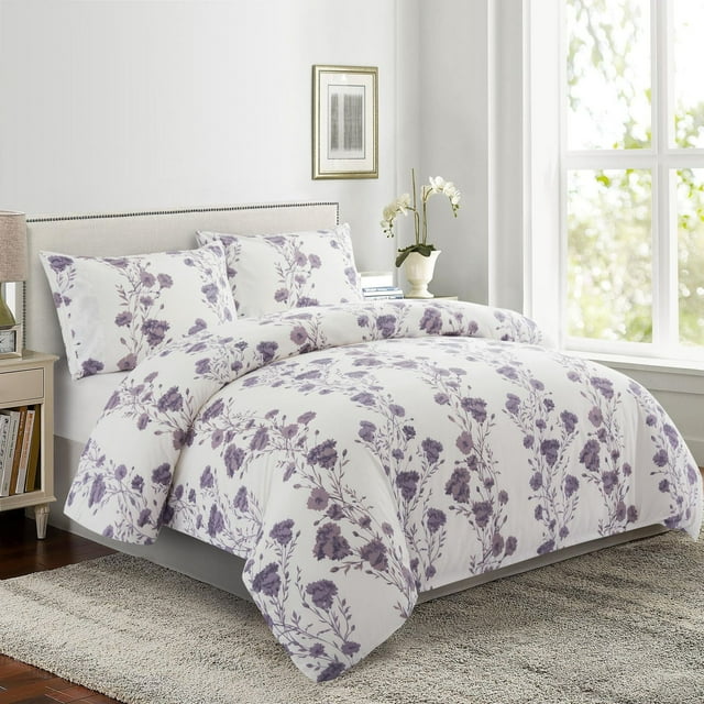bedroom featuring Marina Decoration all season duvet cover set with purple carnation floral pattern on white background