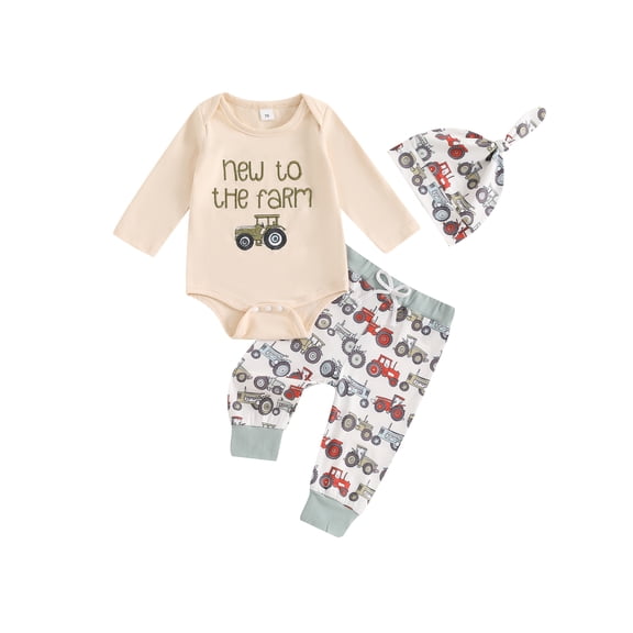Newborn Baby Boy Coming Home Outfit 3 6 12 18 Months New To The Farm Embroidery Long Sleeve Romper Tops Pants Hat Set