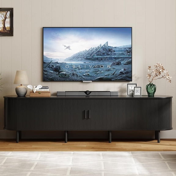 86.6" TV Stand with Power Outlet & Storage for TVs up to 90", Black Entertainment Center with Adjustable Shelves, Modern Media Console with Sliding Doors for Living Room, Bedroom