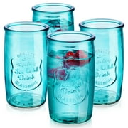 Vintage Glassware with Embossed Logo - Vintage Drinking Glasses for Water, Juice, Cocktails, and Beverages Glaver's Highball Glasses Set of 4 - 20 oz Artistic Ice-Cold Blue Drinking Glasses