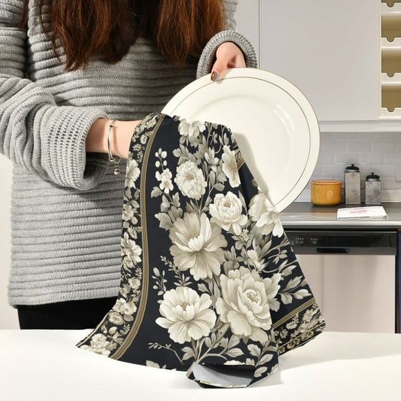 BZSMCE Kitchen Towels Creative Design White and Black Flower Pattern Pattern Durable Kitchen Towel