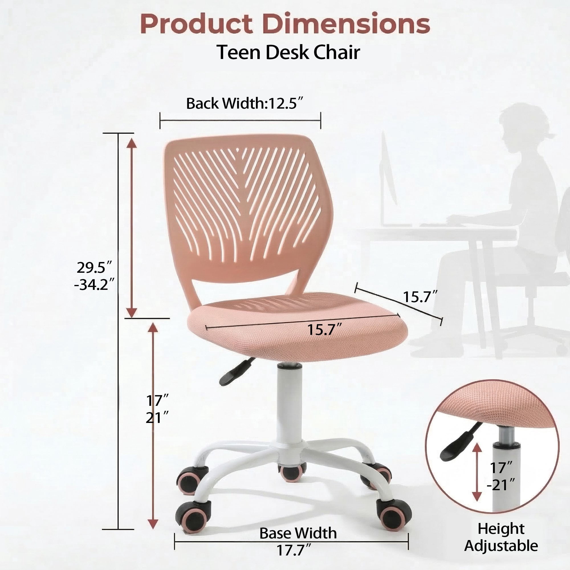Homy Casa Teen Desk Chair with Mesh Back, Adjustable Swivel Cute Vanity Chair,Rose