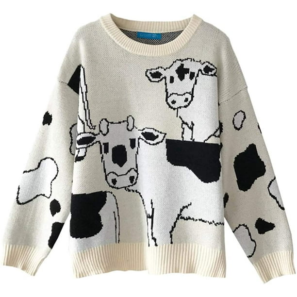 Vintage Casual Loose Lazy Cow Print Thick Sweater Female Harajuku