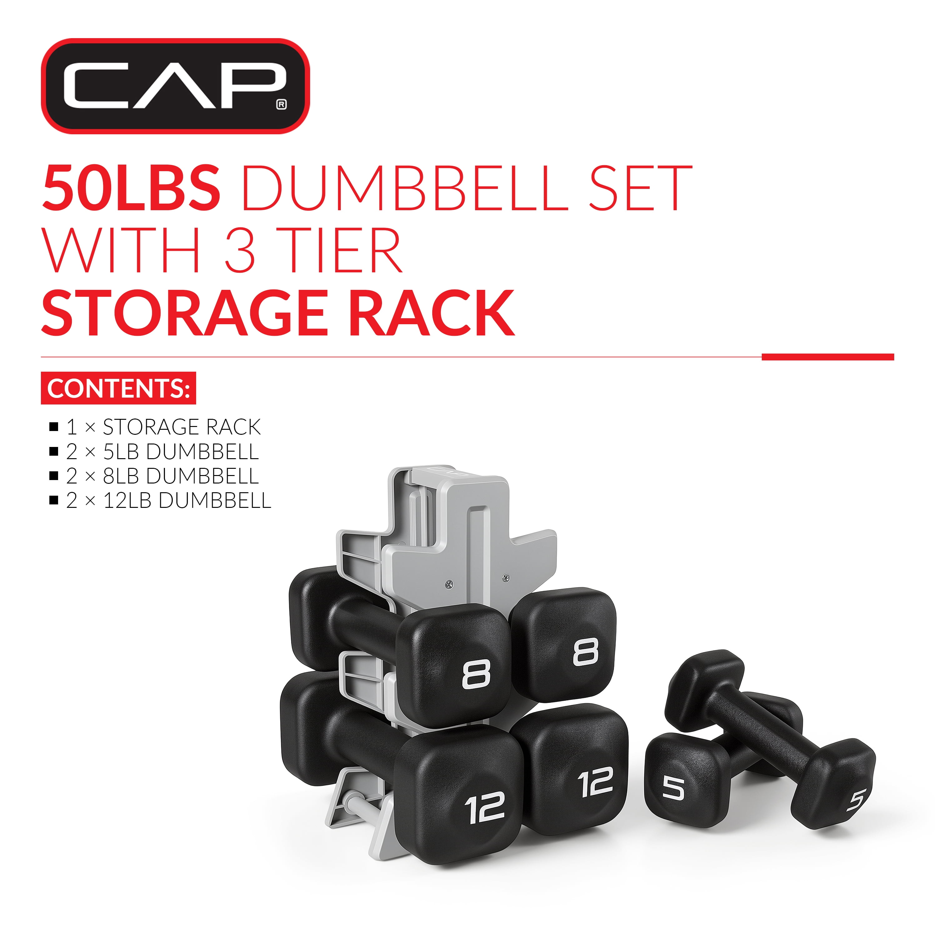 CAP Barbell 50 lb Neoprene Dumbbell Set with Storage Rack, 3-Pair Free Weights for Home Gym, 5, 8 & 12 lb Dumbbells
