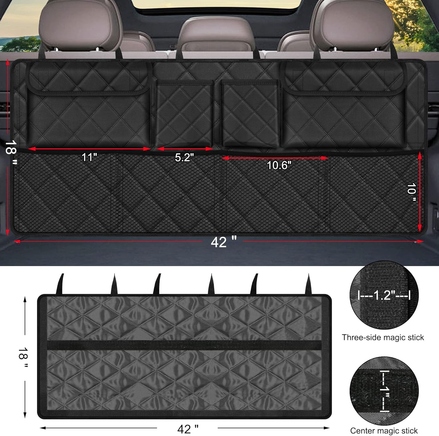 Car Trunk Organizer, Large Capacity Backseat Trunk Organizer (42"*18"), Collapsible Car Storage Bag with 8 Pockets, SUV/MPV/Truck - Black