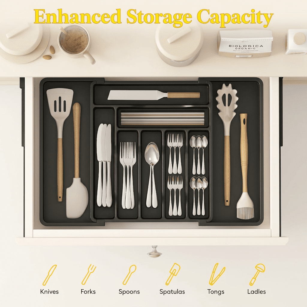 Norcho Expandable Utensil Organizer Drawer, Adjustable Cooking Silverware Tray, Plastic Spatula Tools Divider 13-22.4"x15" Black