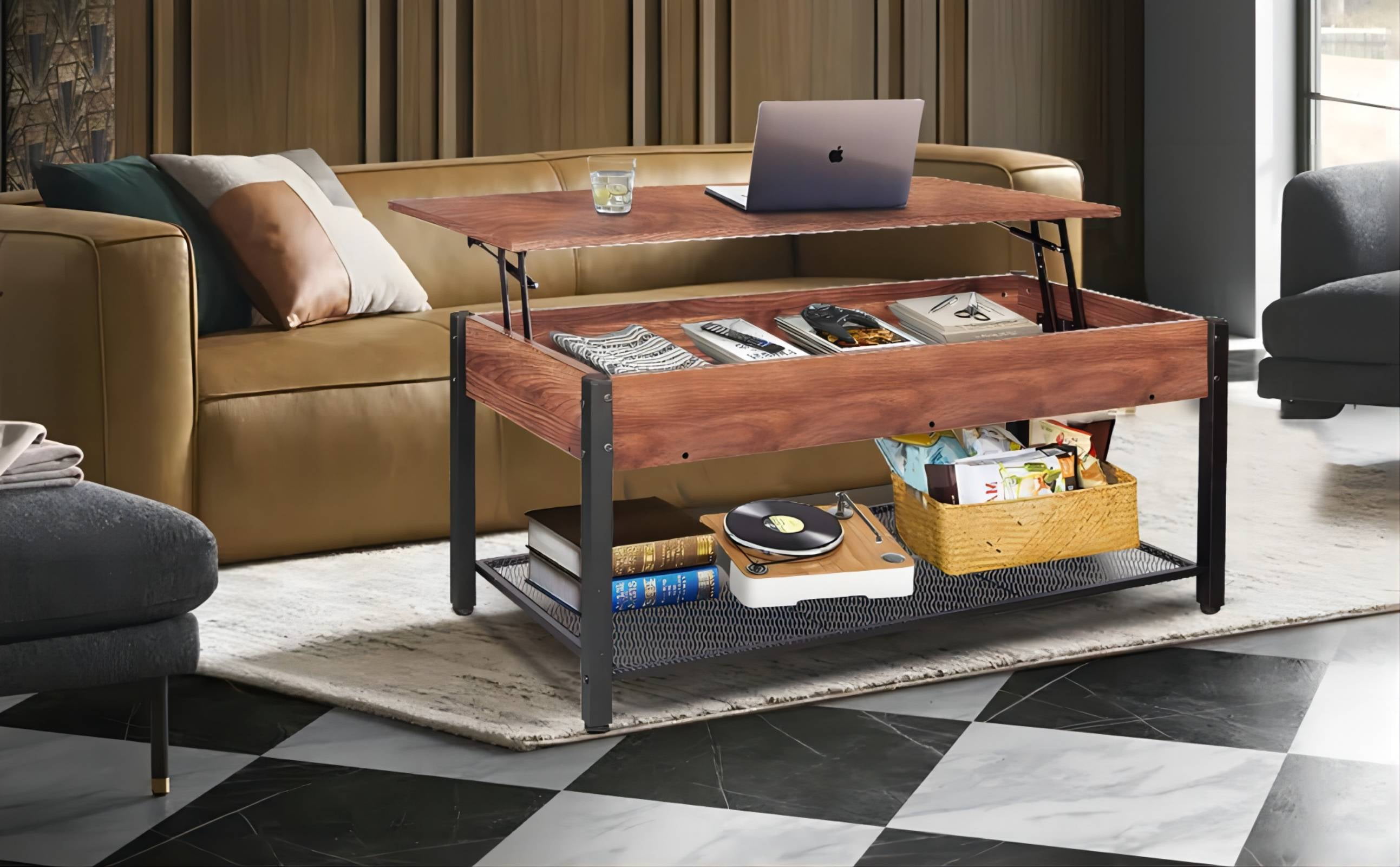 Coffee Table W/Lifting Top, Hidden Storage Compartment and Open Storage