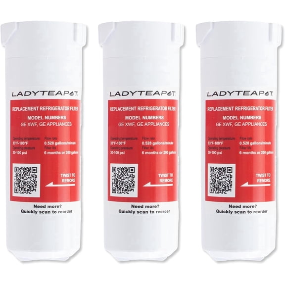 LADYTEAPOT XWF Refrigerator Water Filter, Replacement for GE® XWF, WR17X30702, NSF 42/372 Certified, Compatible with GE® GNE27, GFE26, GDE25, GSS25, PSE25 Series Refrigerators, 3 Pack (No-chip)