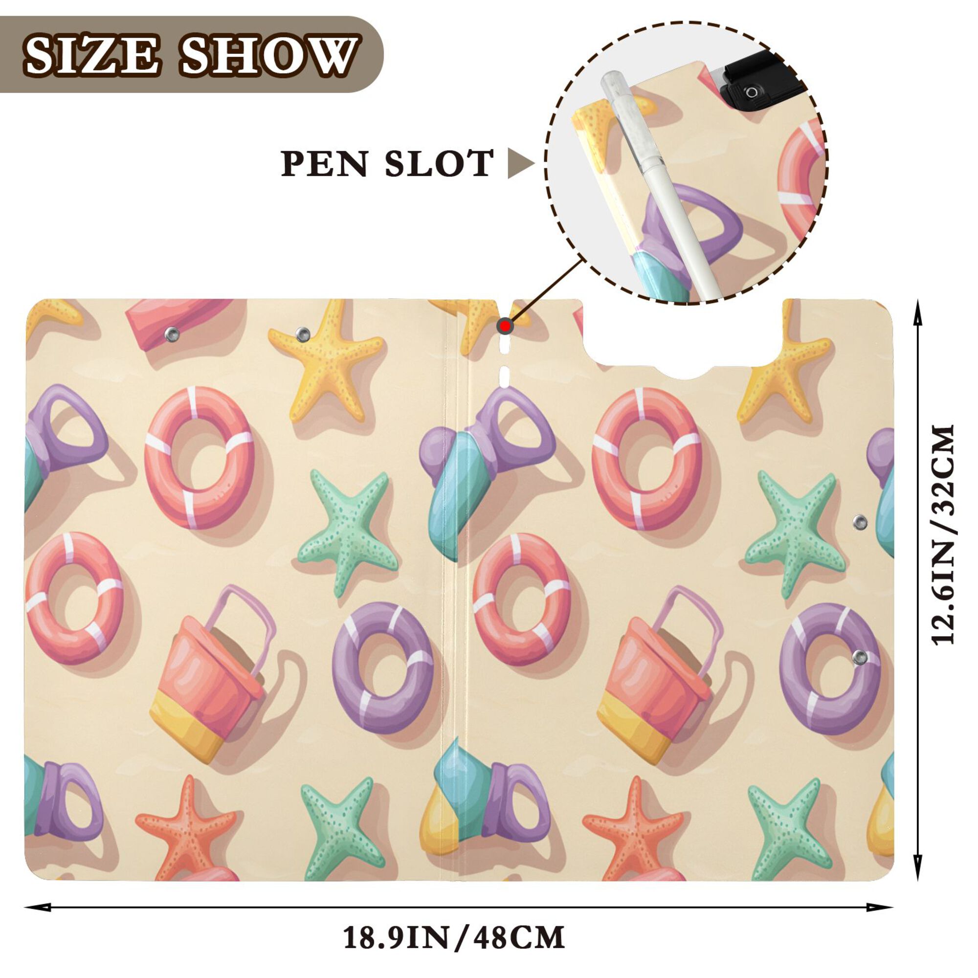 FORMRS A4 Clipboard Folder with Pen Holder Horizontal Foldable School Office Binder, Beach Toys Pattern