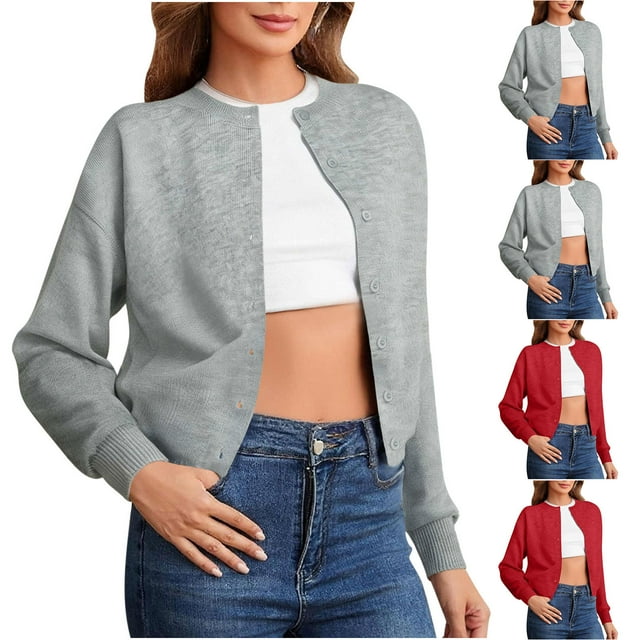 Sentmoon Womens Cardigans Lightweight Oversized Crew Neck Long Sleeve Fall Sweaters for Women Button up Solid Color Loose Knitted Fall Clothes for Women Winter for Cozy Night in Sweater Red L