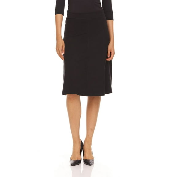 Soft Cotton A-Line Midi Skirt For Women By BGDK- Knee Length Skirt With middle seam Elastic Waist- 95% Cotton Fit And Flare Skirt- High Waist Flowy Skirt For Work, Office, Business, Church black