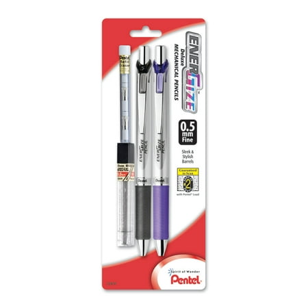Pentel EnerGize Automatic Pencil with Lead and Erasers, 0.5mm, Assorted, 2 Pack (PL75LEBP2)