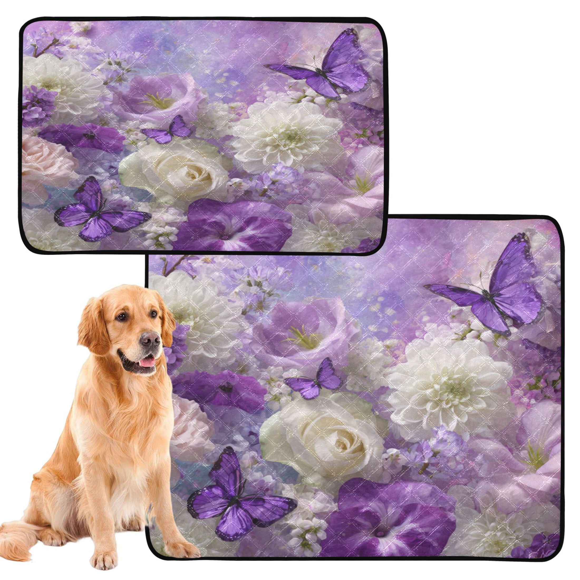 Qxltty Purple Butterfly Floral Cat litter Pads Pet Set of 3 Diaper Mats Center Anti-leakage Layer Absorbent Soft and Comfortable