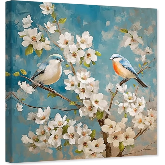ZHONGYUTONG Bird Canvas Wall Art White Flower & Blue Birds on Tree Branches Pictures Painting Living Room Decor Framed (12.00" x 12.00")